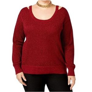 Michael Kors Red Metallic Knit Cold-Shoulder Sweater